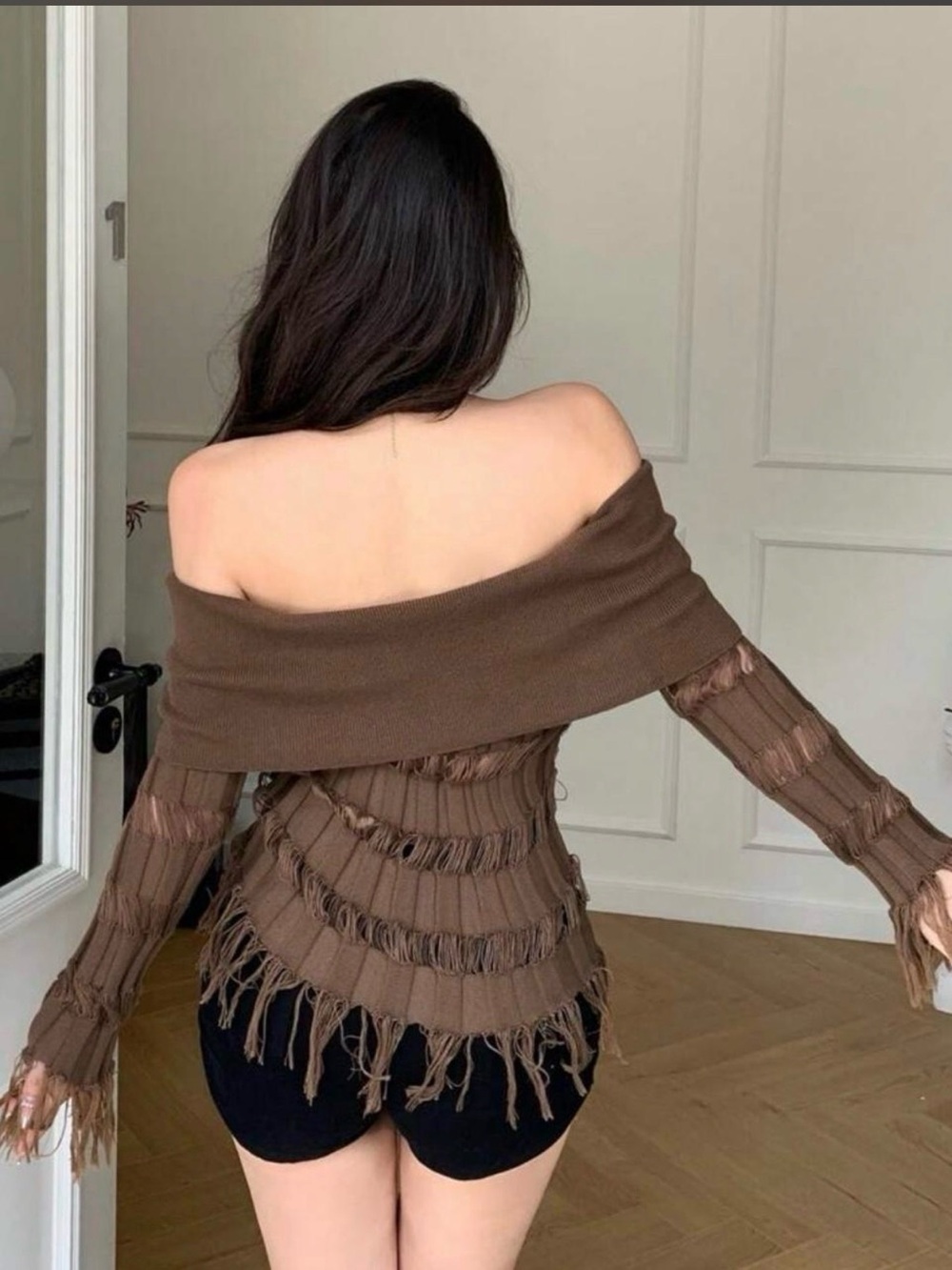 DAZY Brown off the shoulder knit sweater - Picture 2 of 6